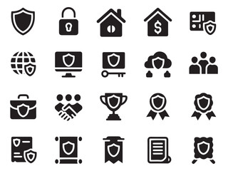 Collection of glyph style security and business icons for digital and print media needs