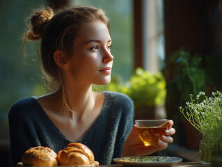 Woman enjoying morning tea and breakfast contemplating day