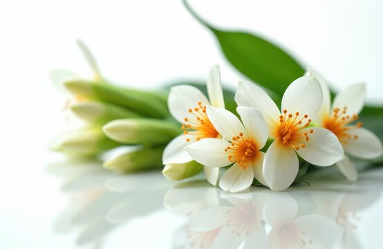 White orange night blooming flower Parijat on white surface. Delicate petals unfurl revealing bright stamen cluster. Buds form in background.