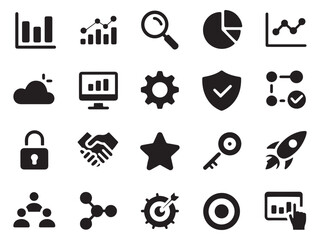 Set of 20 business and technology glyph icons for data analysis strategy and growth