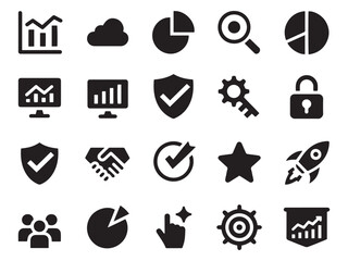 Diverse glyph style icons for business analytics data management and growth strategies