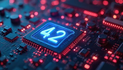 Futuristic circuit board with glowing number 42. Advanced technology concept, cyberspace, AI, sci fi theme. Information processing, digital network. Ultimate answer, life universe. Artificial