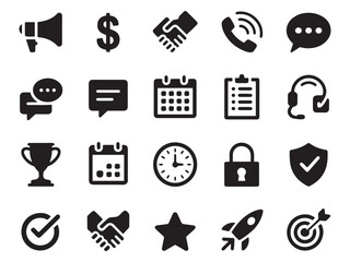 Collection of 20 essential business and communication glyph style icons for digital projects