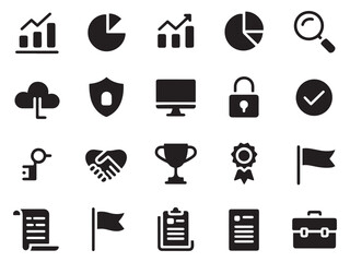 Collection of 20 professional business and technology glyph style icons for various projects