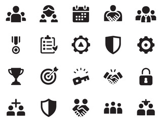 Collection of 20 business and teamwork glyph style icons for professional projects