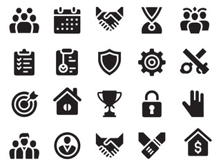 Collection of 20 diverse glyph style icons for business and success visual representation