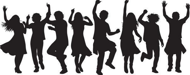Group of diverse people dancing silhouettes