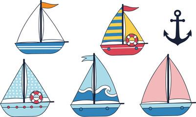 Cute Nautical Sailboat Vector Collection; Set of Five Stylized Boats with Colorful Sails, Stripes, Polka Dots, and Separate Anchor Element for Kids Design.