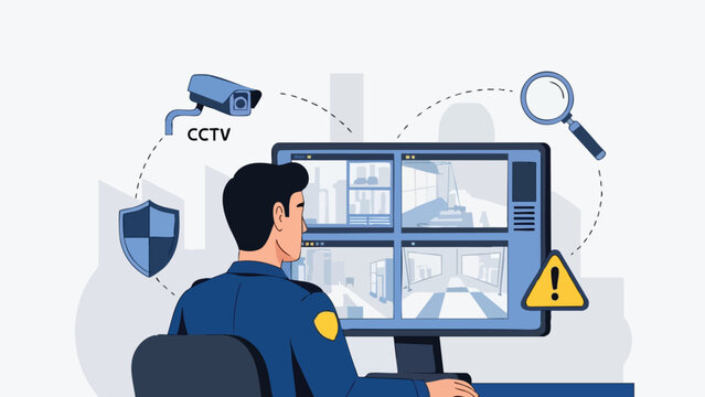 Security guard monitoring surveillance cameras on a computer screen displaying multiple live feeds illustrating vigilant observation and threat