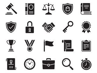 Set of 20 glyph style icons representing law justice business and success