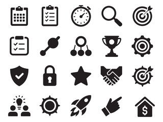 Collection of 20 glyph style icons for business projects and goals management