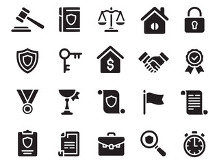 Collection of glyph style icons representing law justice business security and achievement themes