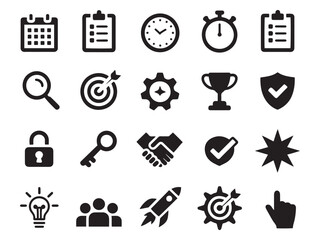 Glyph style icons for business productivity and project management essentials