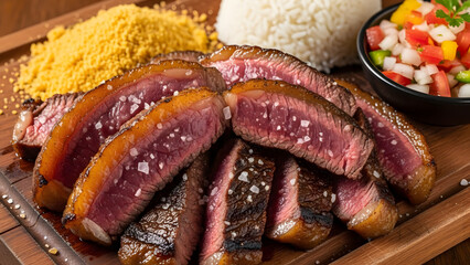 Appetizing Culinary Delight: An exquisite culinary creation features perfectly seared slices of succulent steak, each morsel glistening with flavorful seasoning, accompanied by fluffy rice.