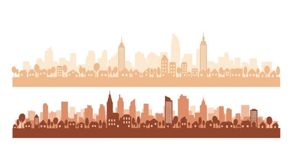 Obraz premium Urban landscape silhouettes: Cityscape illustrations of buildings and trees against the sky