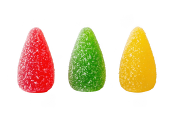 Three Fruit Jelly Candies Coated With Sugar Crystals, Isolated On Transparent Background