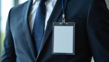 Man in dark suit wears identity badge on lanyard. Professional male attends corporate event or conference. Blank card shows for identification and access.