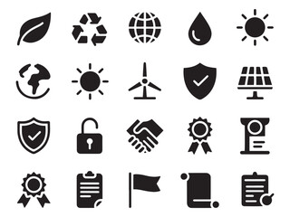 Collection of 20 glyph style icons for environment sustainability and business excellence concepts