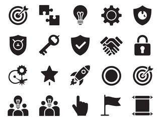 Collection of 20 glyph style icons for business technology and strategy concepts
