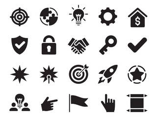 Collection of 20 glyph style icons representing business strategy success and innovation concepts