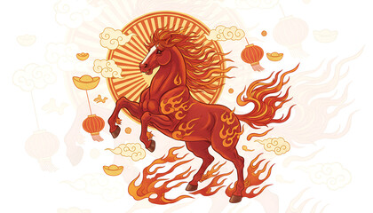 Dynamic Red Chinese Zodiac Horse with Plum Blossoms, Gold Coins, and Clouds. For lunar new year or Chinese new year.