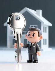 A model of a businessman realtor with an apartment key against the background of a new building