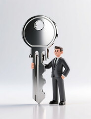 Model of businessman realtor with apartment key on white background