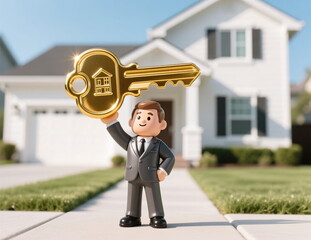 A real estate businessman model holds a golden key to a new country house.