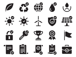 Set of 20 glyph style icons for sustainability and environment protection concepts