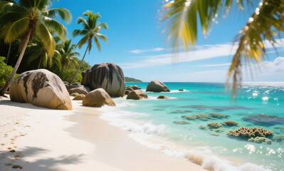 The tropical coastline of a small paradise. Sand and ocean on a sunny day.