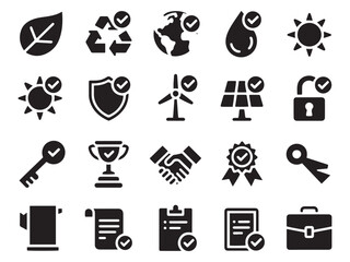 Collection of 20 glyph style icons representing sustainability security and success
