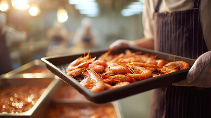 A culinary image featuring a tray of cooked prawns being held