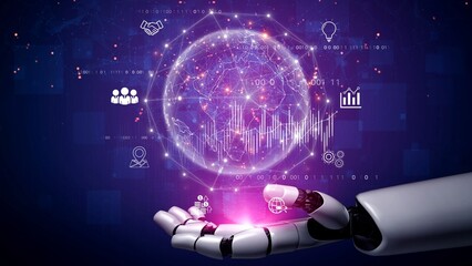 AI connecting global business network, processing data exchange, analyzing economic trends, and supporting digital infrastructure through intelligent worldwide systems. Marrow