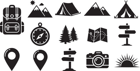 Camping and hiking adventure icon set vector