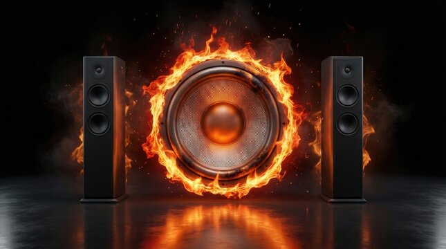 Powerful audio speakers with a central subwoofer engulfed in flames and smoke
