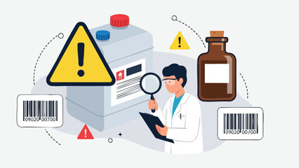 Scientist examining hazardous material labels with magnifying glass and barcode scanner illustrating safety protocols and chemical inventory