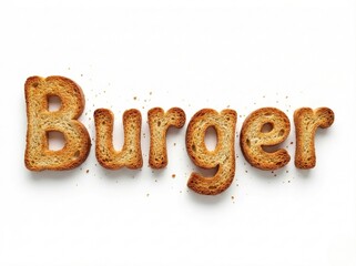 Creative word Burger made of crispy toasted bread texture with crumbs isolated on white background.