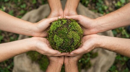 Diverse hands carefully hold a mossy earth ball, symbolizing environmental care and unity