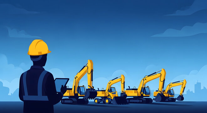 Obra p&uacute;blica e infraestructura urbana con excavaci&oacute;n y maquinaria en horizonte, espacio para texto para carreteras, tuber&iacute;as y servicios municipales