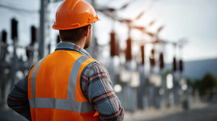 Faceless engineer working at high voltage power substation heavily defocused electrical infrastructure background anonymous professional performing inspection and check ensuring