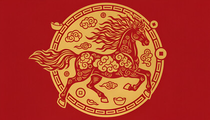 Fototapeta premium Dynamic White Horse with Chinese Zodiac Papercut Style on Red Background Chinese new year.