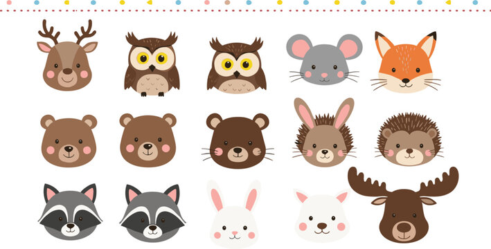 Cute Woodland Animal Faces Vector Set; Adorable Moose, Deer, Owl, Fox, Bear, Raccoon, Rabbit, Mouse, and Hedgehog Head Collection.