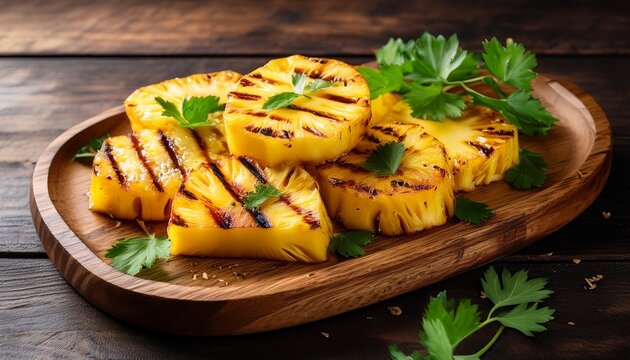 grilled pineapple chunks on a wooden board garnished with parsley delicious tropical treat