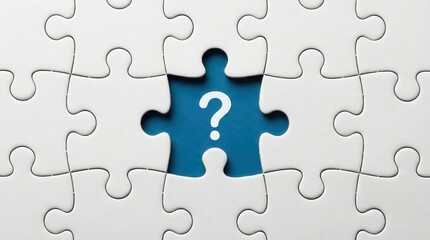 White jigsaw puzzle with one missing piece revealing a blue background and question mark