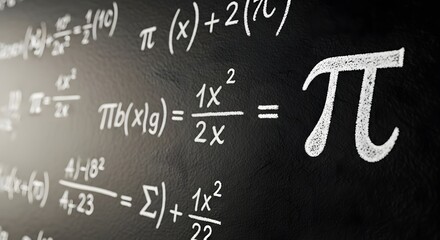 Complex mathematical equations featuring the Pi symbol, chalked on a blackboard, representing an advanced learning and educational concept for Pi Day