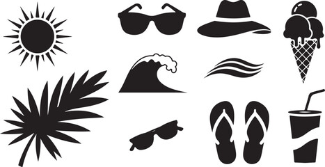 Summer vacation beach icons set black silhouette