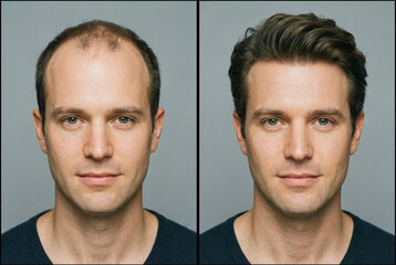 The image shows a side-by-side comparison of a man before and after hair restoration, highlighting the transformation from thinning hair to a fuller, styled look against a neutral background