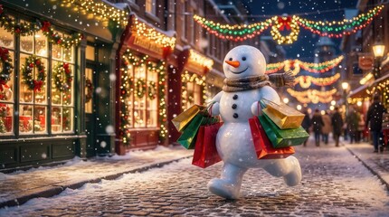 Fototapeta premium Joyful snowman with shopping bags strolls down a festive, snow-covered street at night