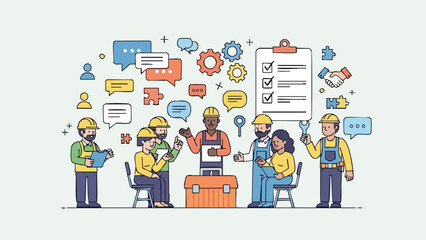 Diverse construction team collaborating on a project with communication icons and tools displayed overhead on a plain background creating a visual