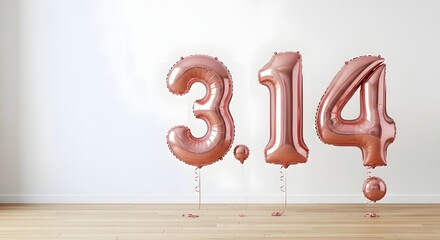 Rose gold foil 314 balloons floating for a festive Pi Day math celebration concept on a clean white background
